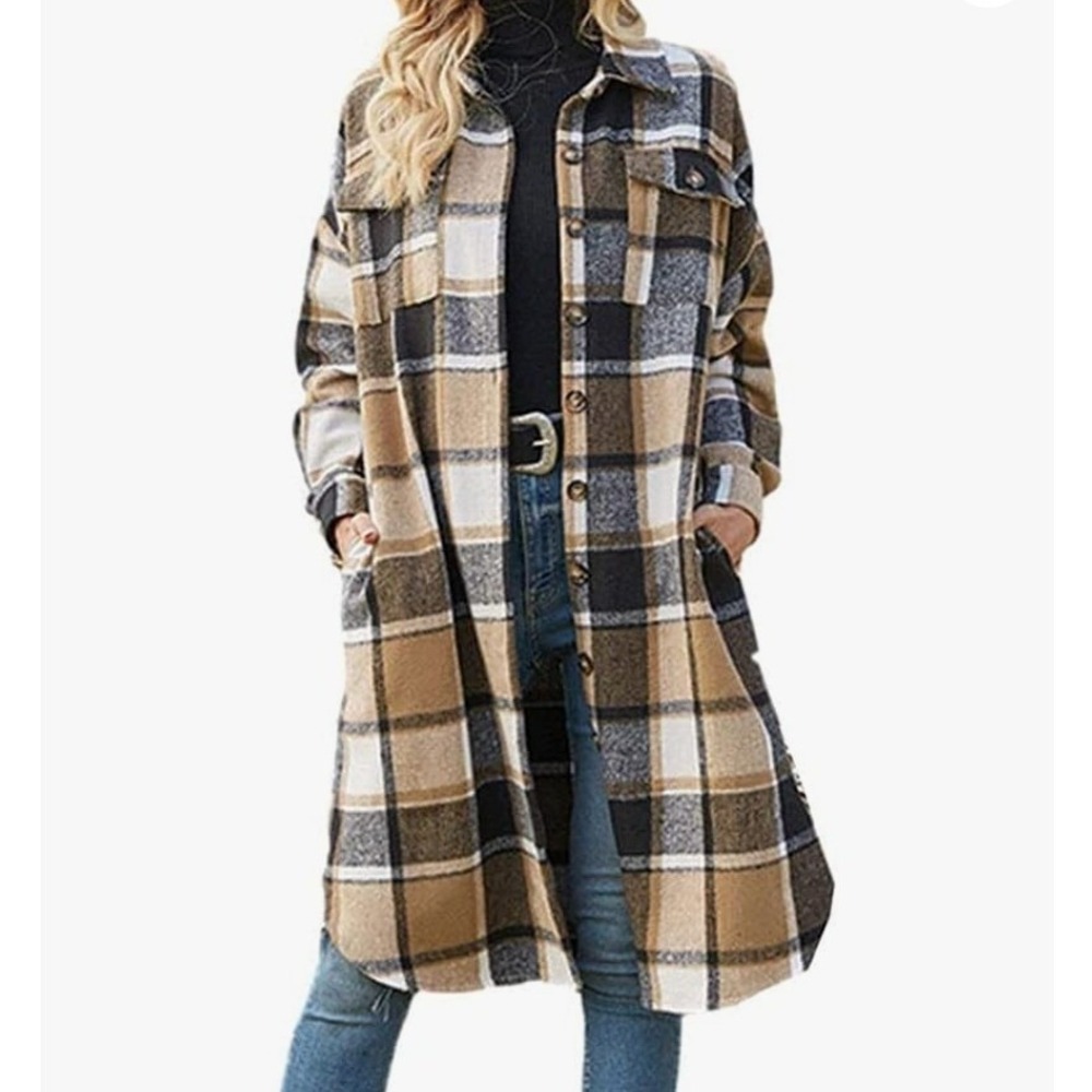MSRP $26 ELIY BASIC Women's L Casual Flannel Plaid Shacket Long Sleeve Button